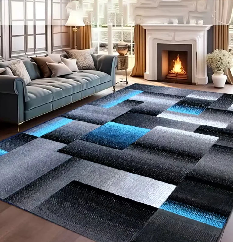 tapis moderne carreaux géométriques bleu gris noir polyester polypropylène salon chambre prière extérieur