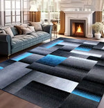 tapis moderne carreaux géométriques bleu gris noir polyester polypropylène salon chambre prière extérieur