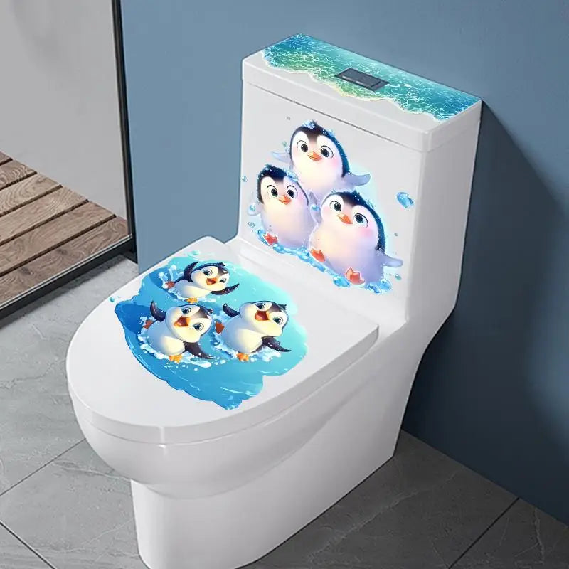 couvre siège toilette pingouins bleu blanc décoratif cartoon adhésif salle bain mignon moderne PVC