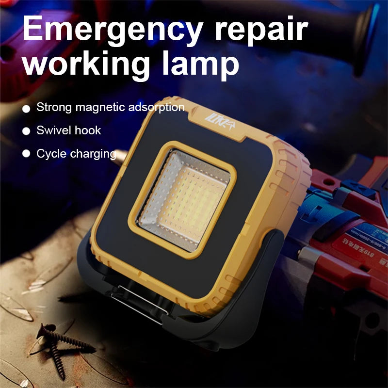 lampe travail urgence aimantée led noire jaune moderne robuste port usb charge sortie