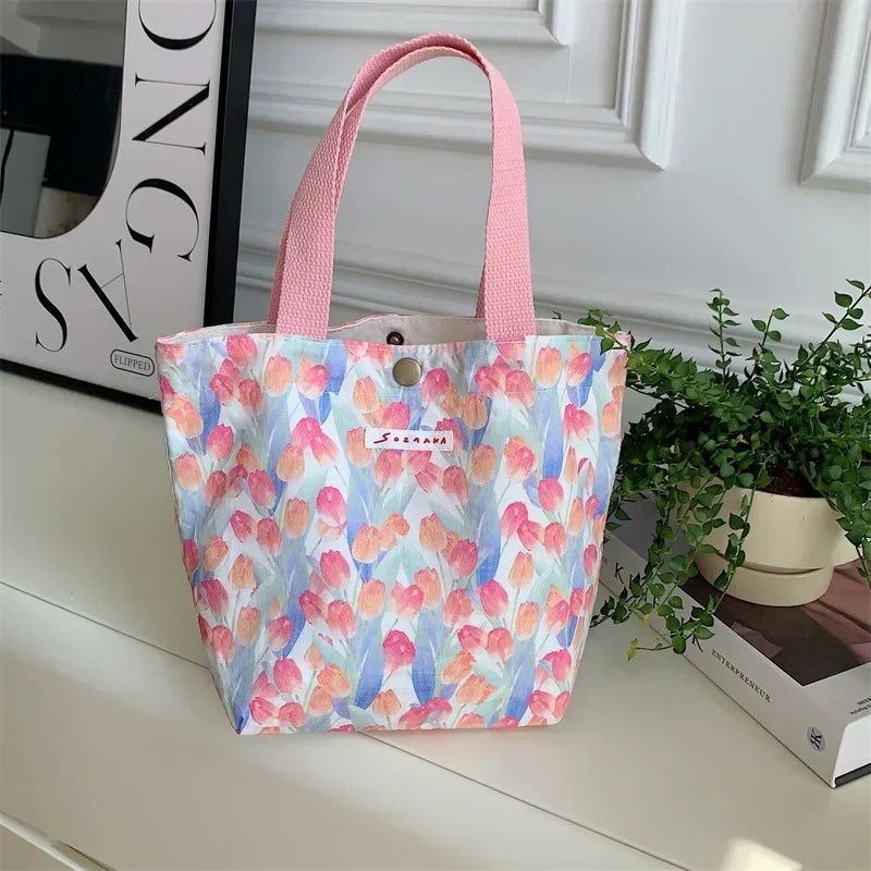 sac provisions toile multicolore fleurs moderne sans fermeture éclair poignées pique nique étudiant lunch