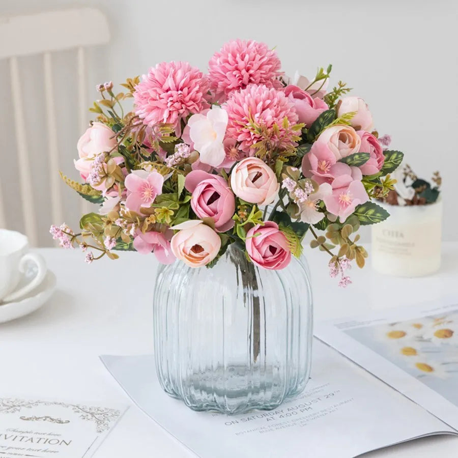 bouquet fleurs artificielles roses hydrangées classique romantique intérieur mariage anniversaire baby shower