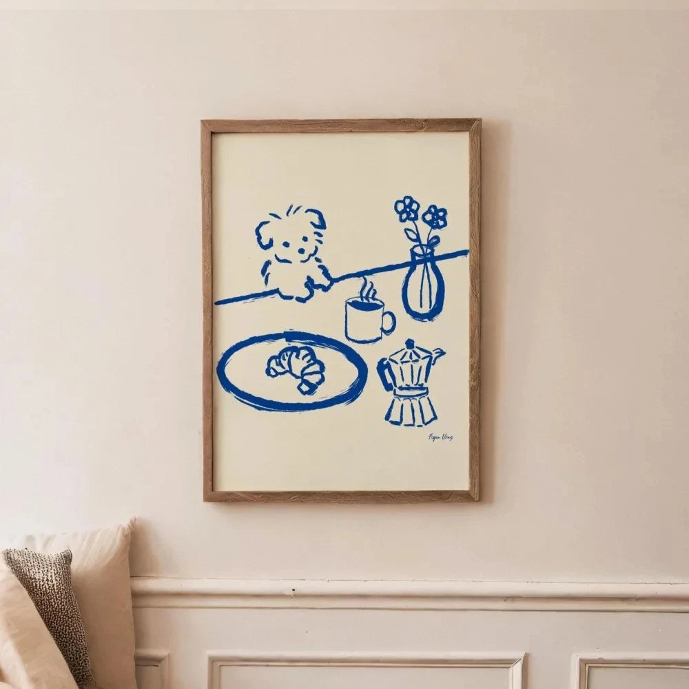 affiche minimaliste enfantin dessin animé simple lignes couleurs beige marron bleu vert rose toile