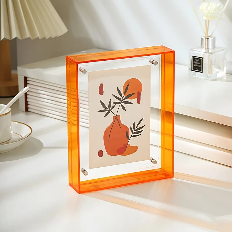 cadre photo moderne acrylique transparent floral bleu orange vert rose clips mural