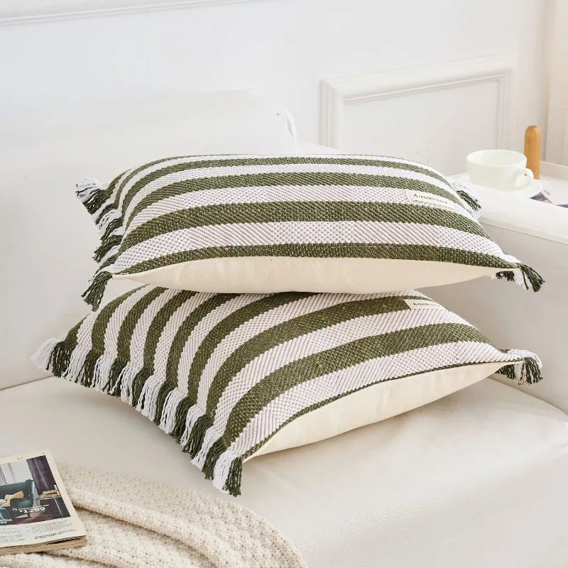 housse coussin carré rayé moderne vert olive blanc polyester 45x45cm décoration intérieure voiture