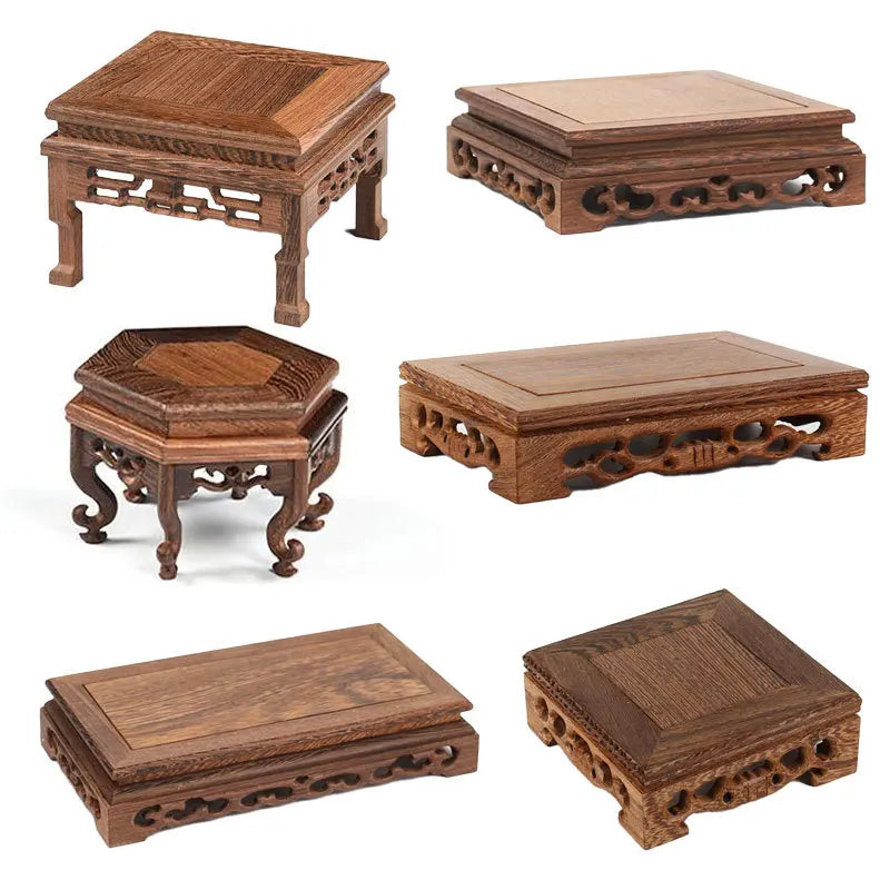 support présentation bois marron foncé figurines moines feng shui artisanal