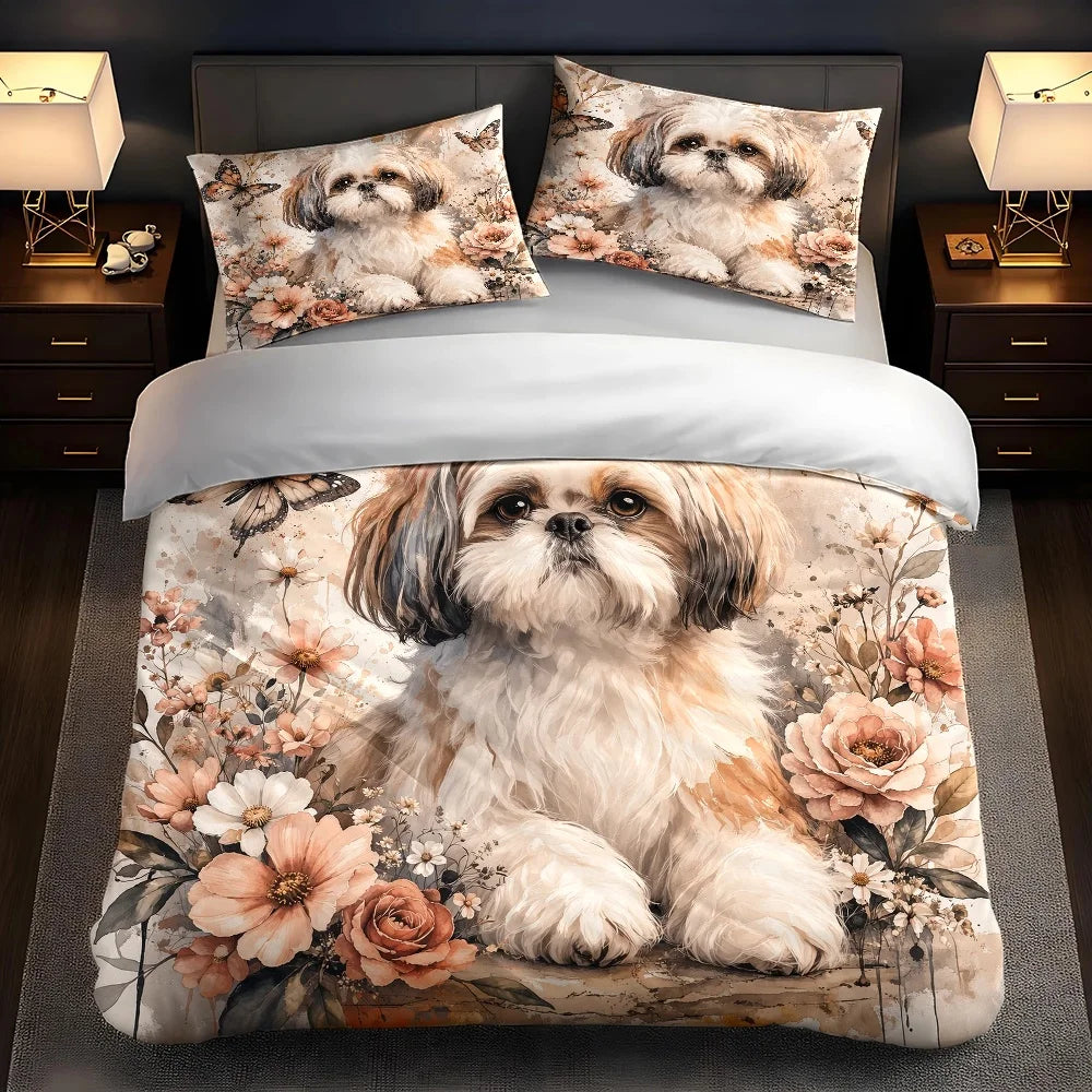 ensemble literie floral chien shih tzu papillons taies oreiller housse couette beige blanc moderne