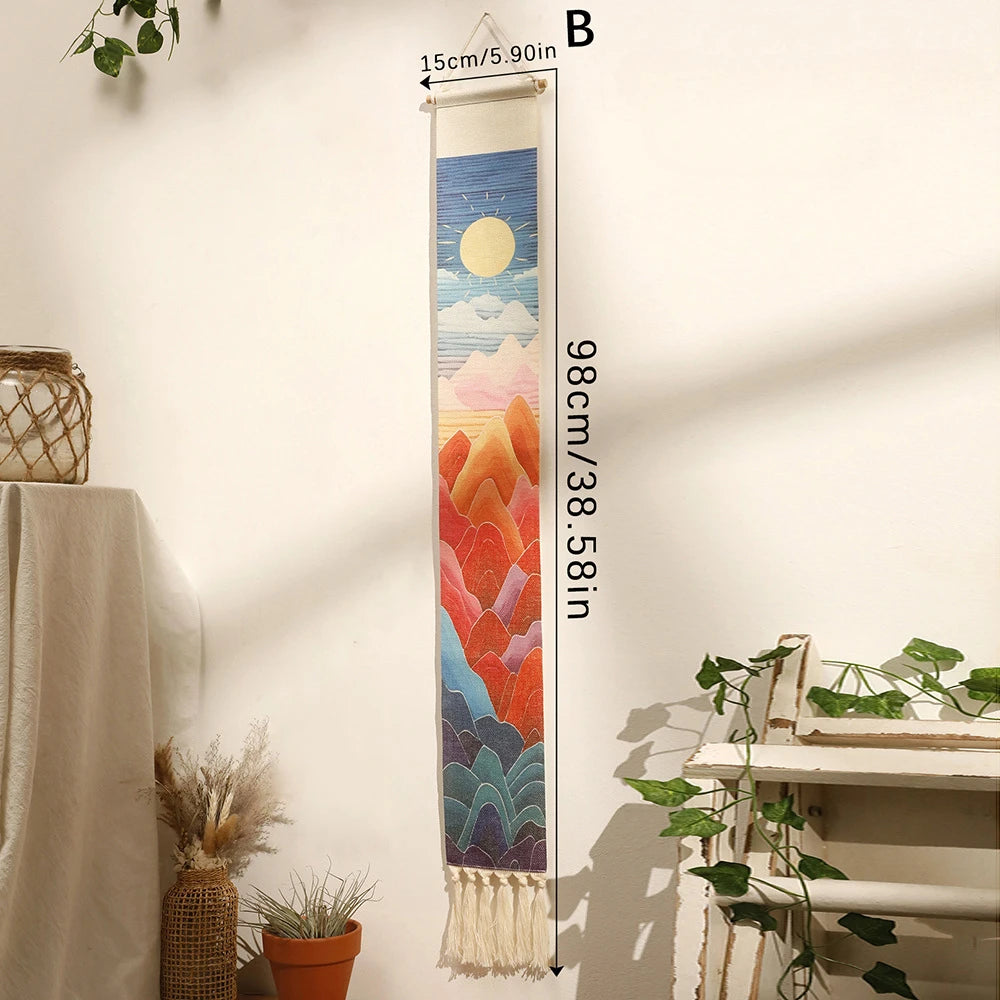 tenture murale bohème paysage montagnes soliel coton orange rouge bleu beige blanc minimaliste