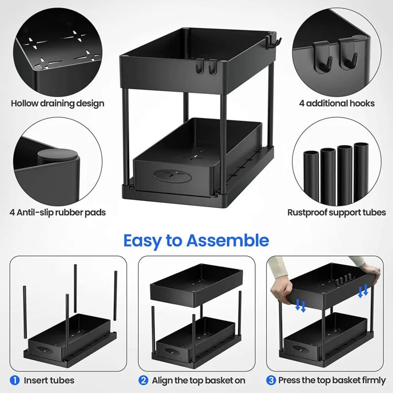 rangement sous évier noir moderne niveaux clips antislip pads tubes support