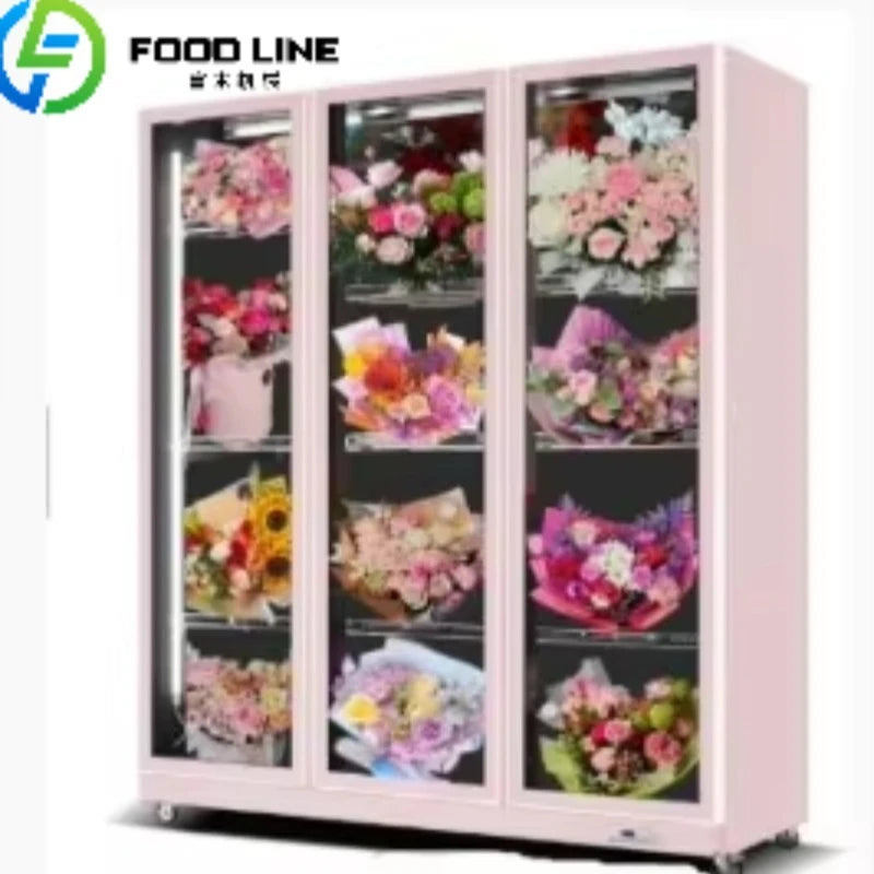 présentoir commercial triple porte vitre anti buée fleurs bouquets pots roulettes moderne