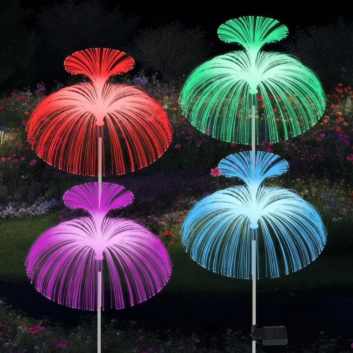 lumières solaires fibre optique contemporaines violet bleu rouge blanc vert jaune extérieures vacances jardinables