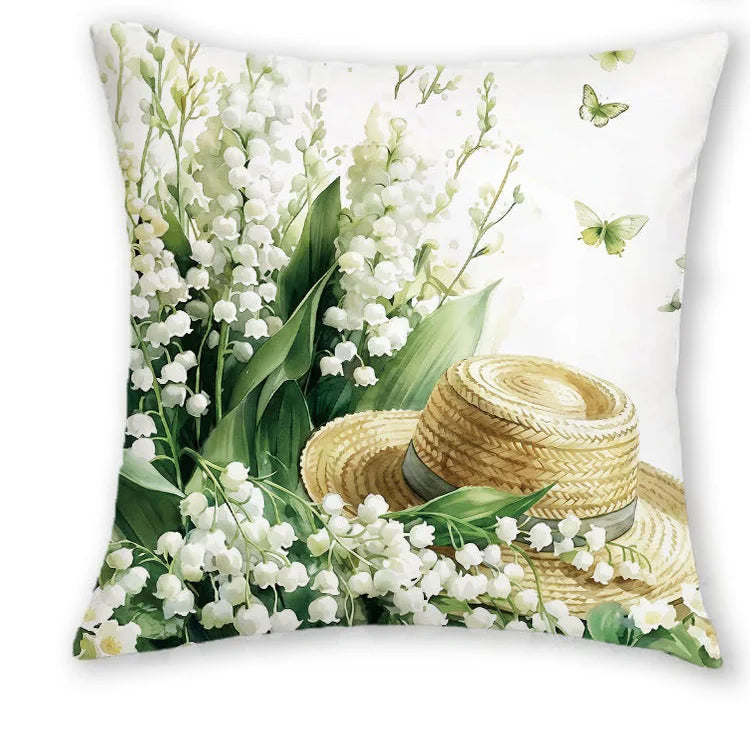 taies d'oreiller fleurs blanches rustiques lit maison panier bois naturel polyester blanc vert beige