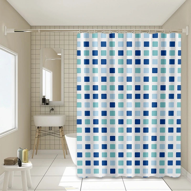rideau douche moderne bleu blanc carrés différents nuances ourlet standard peva 180cm 200cm 240cm