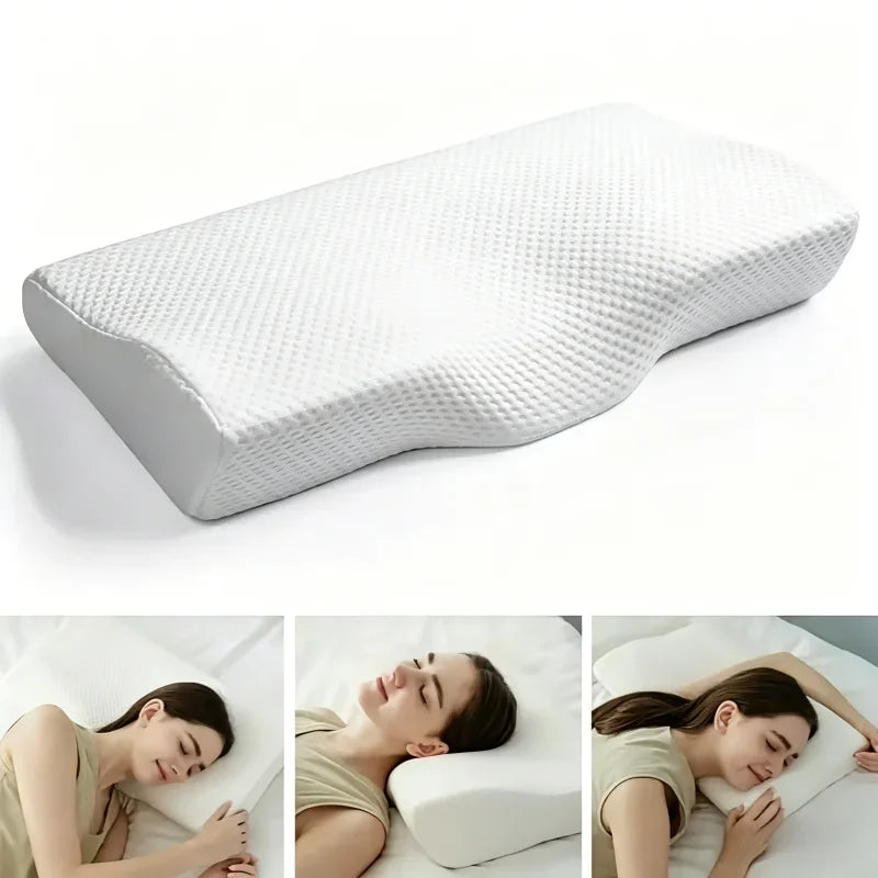 oreiller cou mousse mémoire forme papillon coton blanc texture moderne ergonomique arrondi fixations