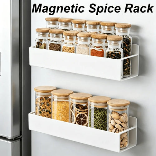 étagère magnétique blanche moderne rangement épices bocaux couvercles bambou minimaliste cuisine