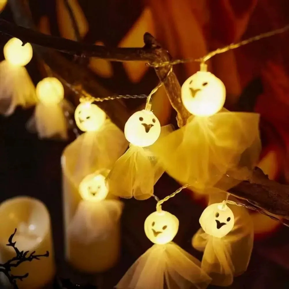 guirlande lumineuse halloween orange blanc noir citrouilles fantômes yeux chats squelettes 3v led piles