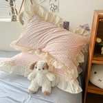 ensemble literie rose doux carreaux beige volants taies oreiller couvre lit romantique ultra frais
