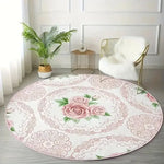 tapis rond floral rose fleurs classique intérieur décoration maison imperméable résistant blanc