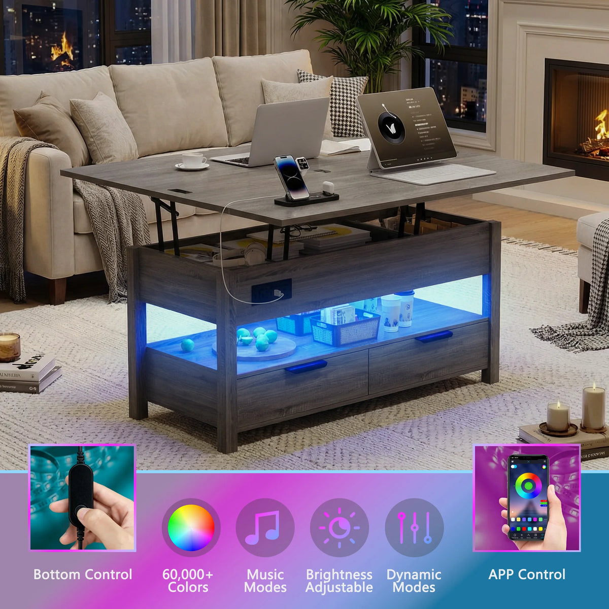 table basse multifonctionnelle tiroirs rangement éclairage led prise usb aspect bois moderne