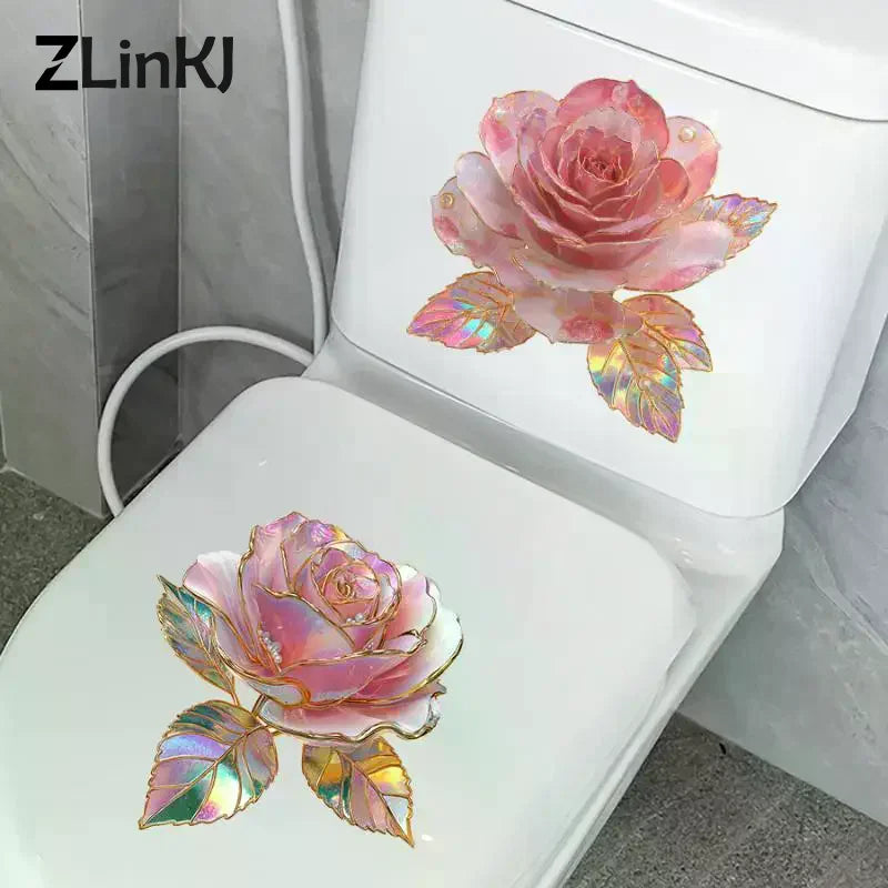 stickers decoratifs fleurs roses vertes violettes adhésifs salle bain decoration maison autoadhésifs blanc