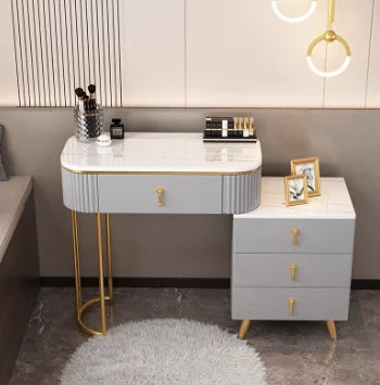 coiffeuse moderne miroir commode tiroirs tabouret miroir lumineux fauteuil blanc gris doré