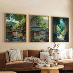 toile d'art paysage urbain traditionnel arbres maison route vert bleu brun beige sans cadre