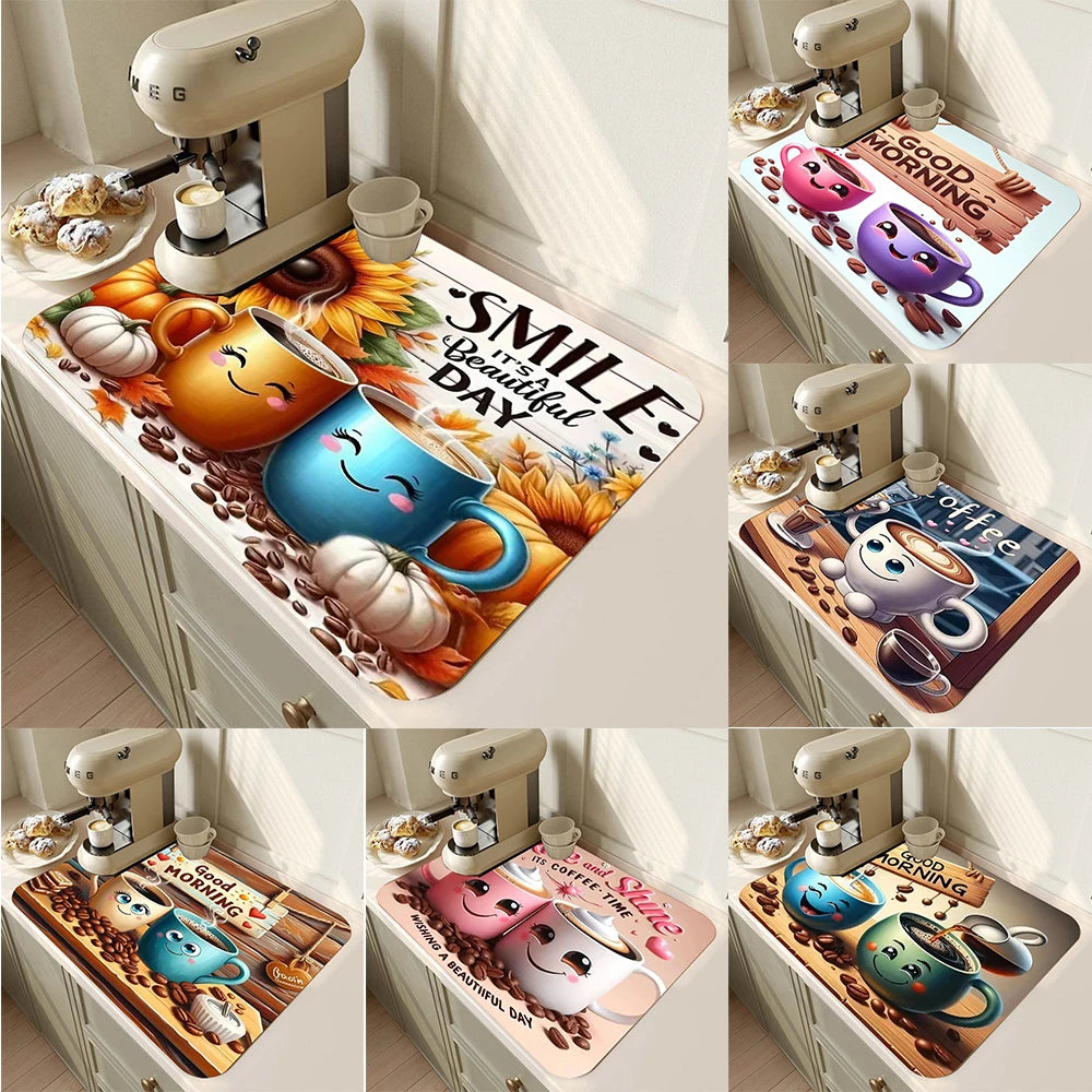 tapis cuisine absorbant gris motif machine espresso antidérapant étanche évier moderne