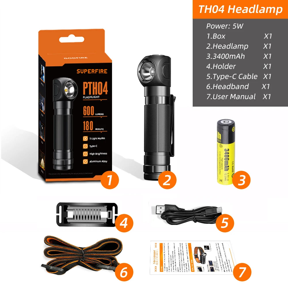 lampe frontale rechargeable led 10w orange noir texture cuir adjustable pratique