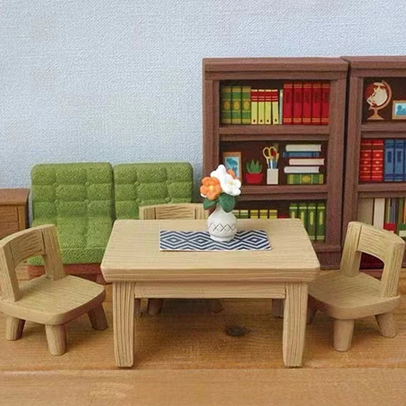 meubles salon miniature résine moderne brun bleu vert tapis fauteuil table basse bibliothèque