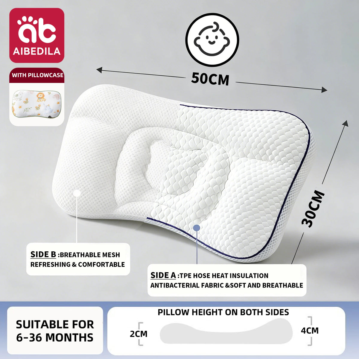 coussin bébé blanc bleu coton polyester dessin animé motifs géométriques contour arrondi ergonomique quatre