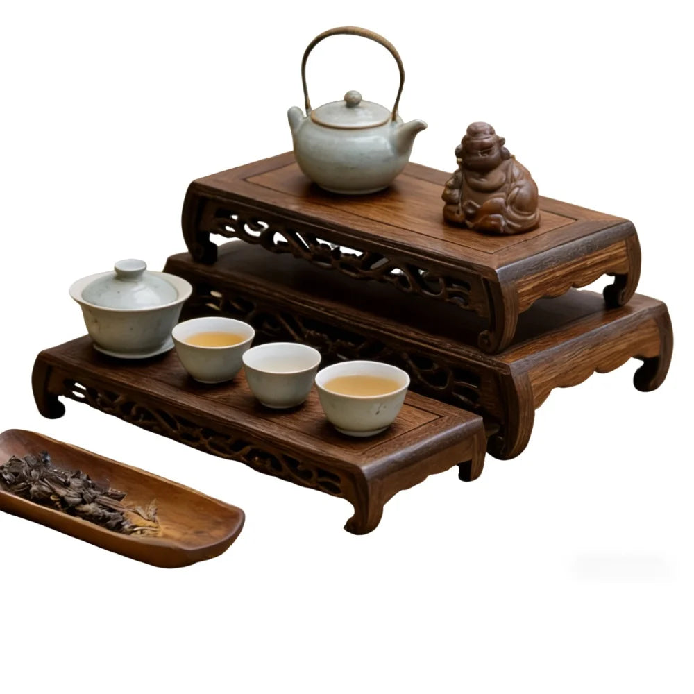 support bois artisanal théière tasses bol décor maison vintage figuration plantes miniature