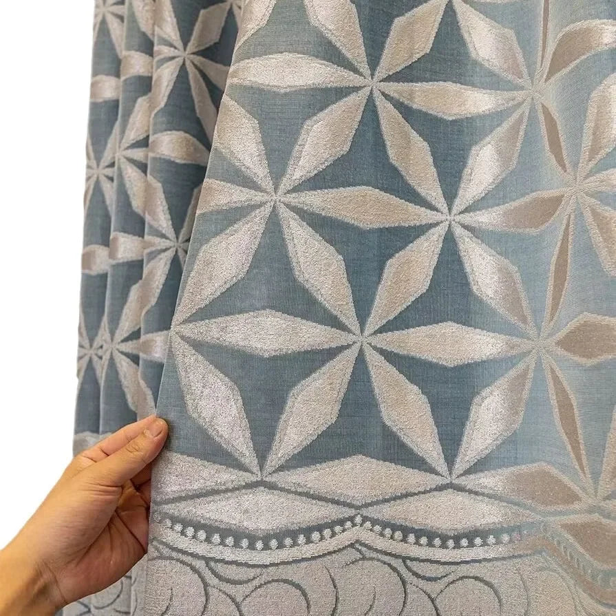 rideau occultant moderne bleu clair beige motif géométrique étoiles fleurs fenêtre salon chambre maison