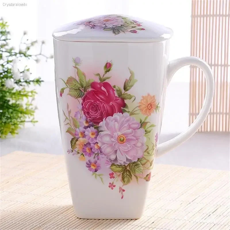 tasses thé céramique fleurs classiques poignées couvercle blanc rose vert