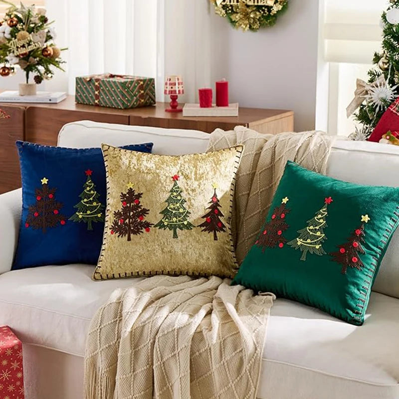 housse coussin noël brodée velours carré polyester décoration sapin boules étoiles traditionnel ornement voiture