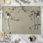 set table lin motif floral oiseaux vert beige blanc rose marron decoratif asiatique table