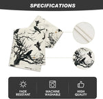 Motif d'oiseaux noirs perchés sur les branches d'un arbre dans un style artistique abstrait, sur un fond blanc cassé, avec des spécifications telles que résistance à la décoloration, lavage en machine et haute qualité.