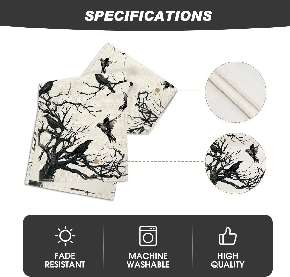 Motif d'oiseaux noirs perchés sur les branches d'un arbre dans un style artistique abstrait, sur un fond blanc cassé, avec des spécifications telles que résistance à la décoloration, lavage en machine et haute qualité.