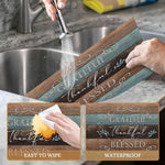 tapis table rustique lin bleu brun gris textes grateful thankful blessed decoratif echangetable