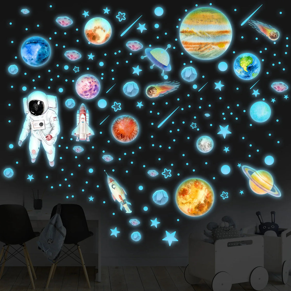 sticker mural étoiles planètes astronautes fusées comètes enfants chambre décoration