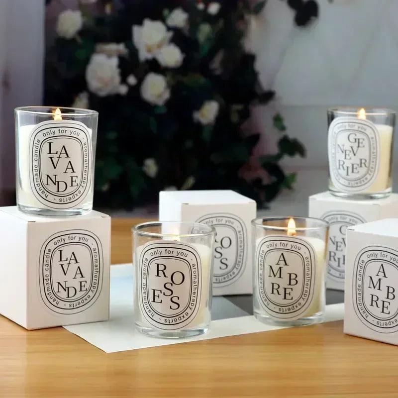 bougie parfumée vanille cadeau mariage transparente classique ornement tableDecoration étiquetteBlanche textureNoir souvenirsInvites