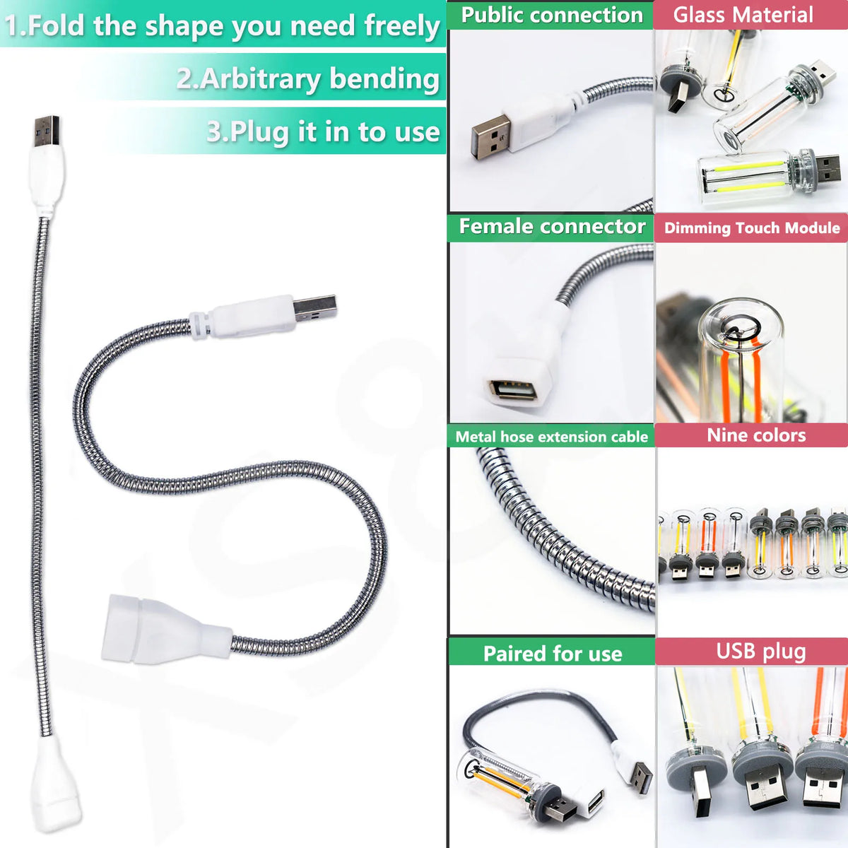 ampoule led usb flexible transparente moderne décoration intérieure multiple couleurs adaptable lumière nocturne rechargeable