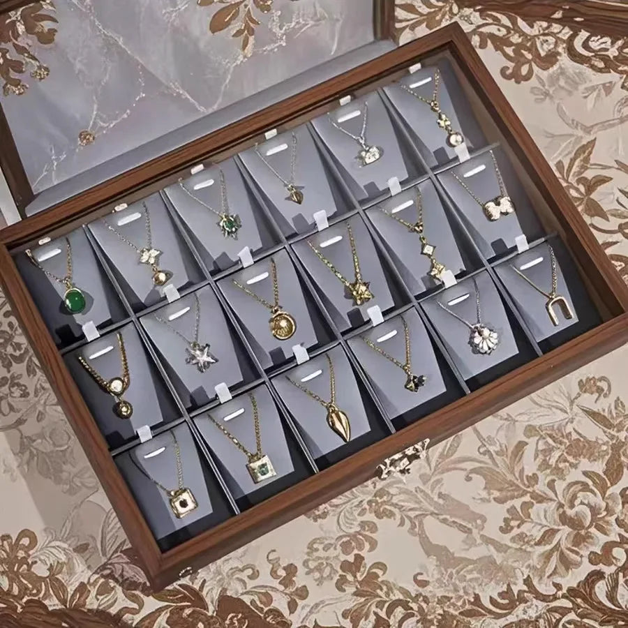 boîte bijoux grande capacité bois foncé motifs classiques modernes transparentes clips pendentifs étui rangement