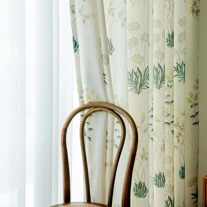 rideau semi transparent fleurs beige vert pastel moderne salon chambre maison