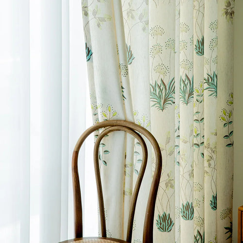 rideau semi transparent fleurs beige vert pastel moderne salon chambre maison
