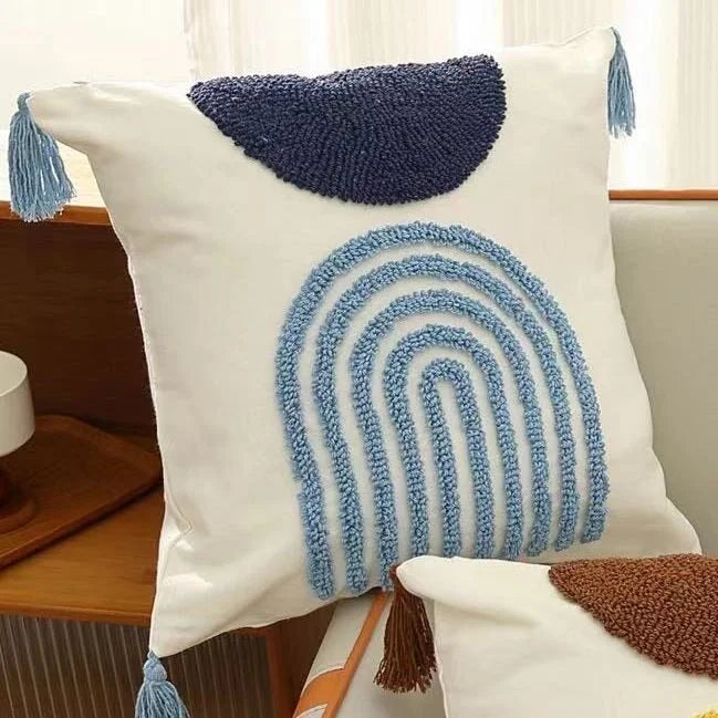 coussins bohèmes 3d franges taies d'oreiller décoratives géométriques brodés moderne blanc bleu clair polyester