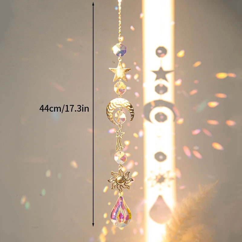 pendentif boho cristal multicolore soleil lune étoiles cosmique or argent
