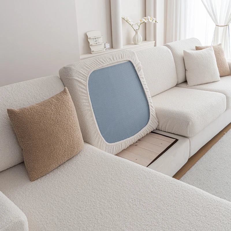 housses canapé moderne crème bleu marine doublure duveteuse coussins texturés extensibles machine laver
