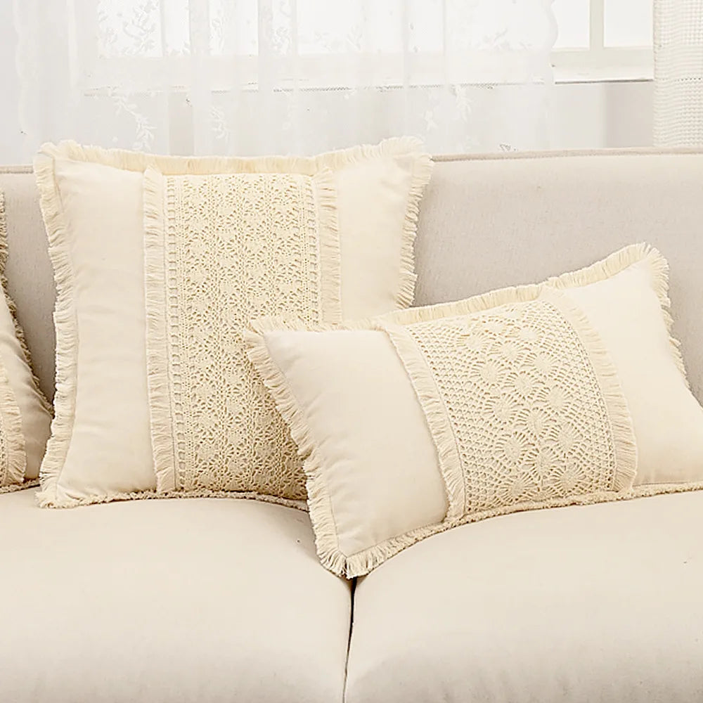 housse coussin bohème coton lin crochet beige vintage zippée maison canapé chaise voiture 45x45cm