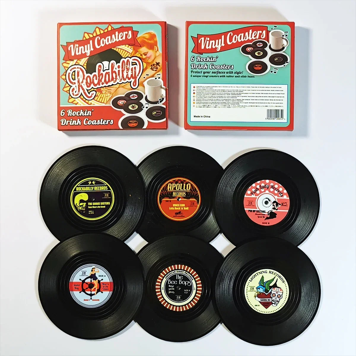 coasters vintage rockabilly noir motifs disques vinyle blancs résistants chaleur antidérapants plastique respectueux environnement