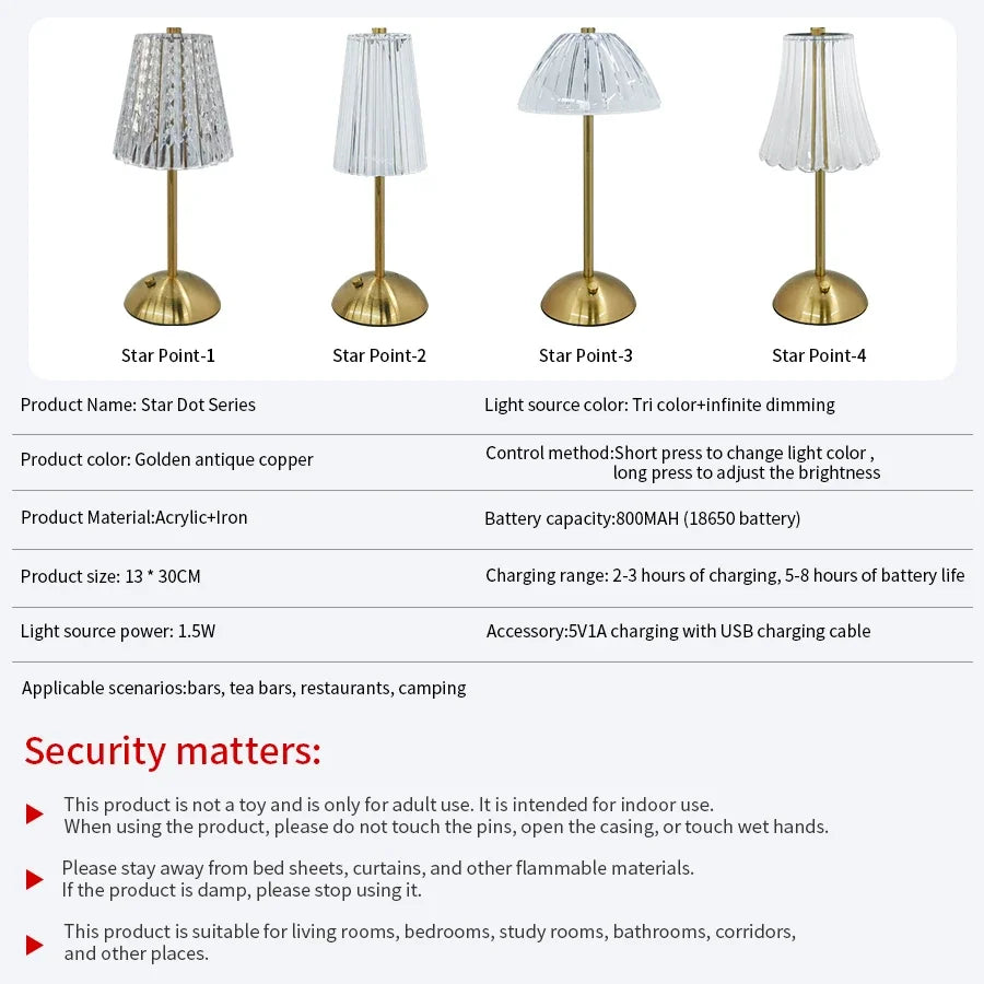 lampe table moderne doré antique transparente rayures fines capteur tactile rechargeable sans fil